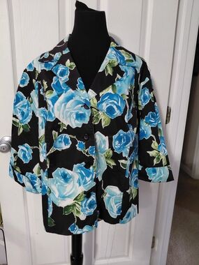 Black Blazer with Blue Rose Print - Women's Floral Button Jacket